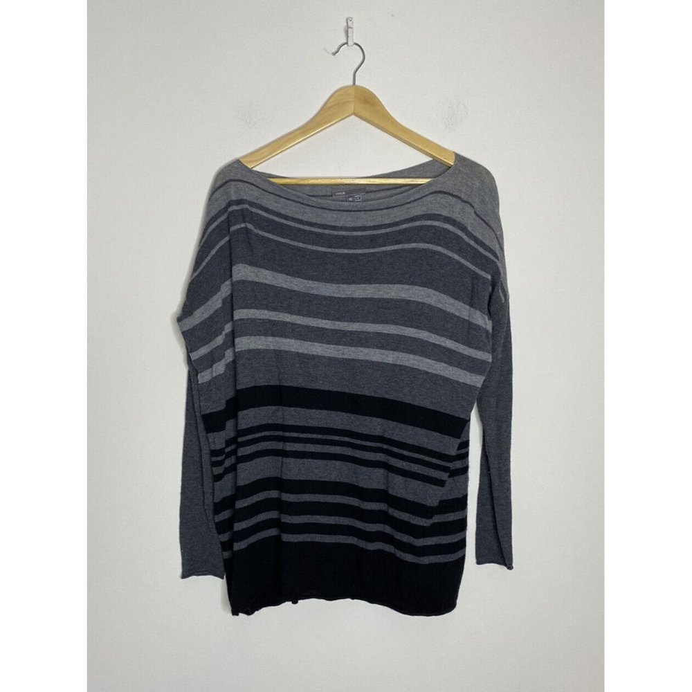 VINCE Sweater XS Oversized‎ Stripped Gray White Boatneck Merino